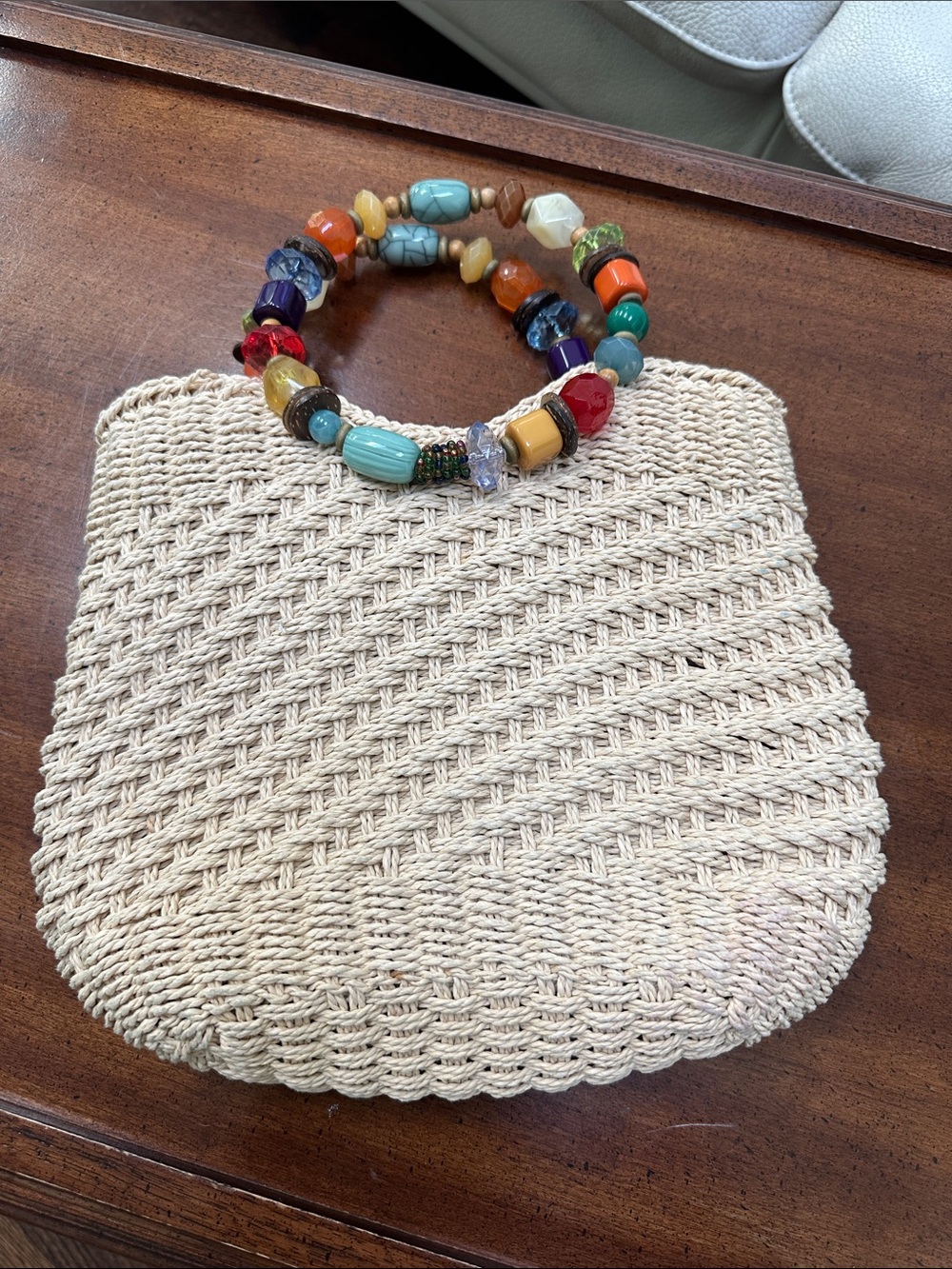 Cappelli Straworld Beige Woven Tote with Multicolor Beaded Handles